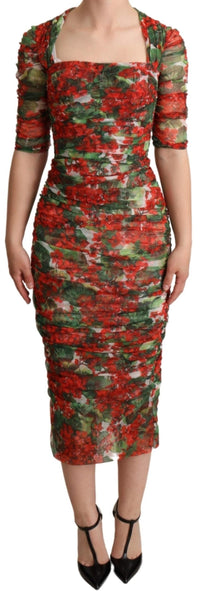 Thumbnail for Red Floral Print Tulle Sheath Midi Dress