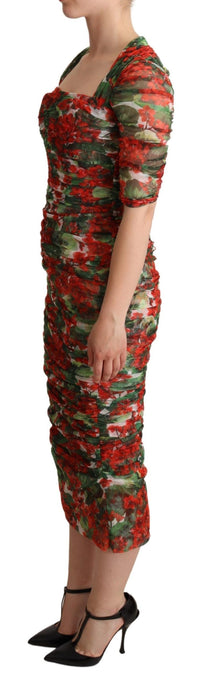 Thumbnail for Red Floral Print Tulle Sheath Midi Dress