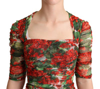 Thumbnail for Red Floral Print Tulle Sheath Midi Dress