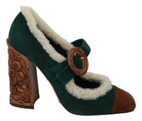 Thumbnail for Chic Green Suede Mary Janes with Shearling Trim