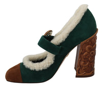 Thumbnail for Chic Green Suede Mary Janes with Shearling Trim
