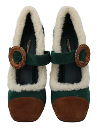 Thumbnail for Chic Green Suede Mary Janes with Shearling Trim
