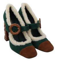 Thumbnail for Chic Green Suede Mary Janes with Shearling Trim