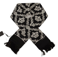 Thumbnail for Black Silk Royal Crown Print Logo Shawl Fringe Scarf