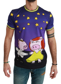 Thumbnail for Purple Cotton Round Neck T-Shirt with Pig Motif