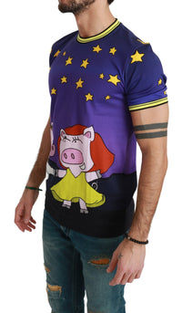 Thumbnail for Purple Cotton Round Neck T-Shirt with Pig Motif