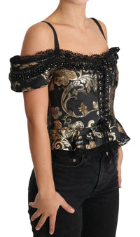 Thumbnail for Elegant Floral Jacquard Blouse with Crystal Details