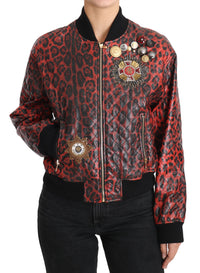 Thumbnail for Red Leopard Bomber Leather Jacket with Crystal Buttons