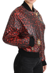 Thumbnail for Red Leopard Bomber Leather Jacket with Crystal Buttons