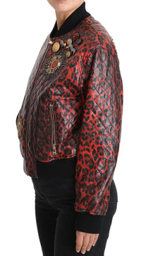 Thumbnail for Red Leopard Bomber Leather Jacket with Crystal Buttons