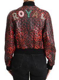 Thumbnail for Red Leopard Bomber Leather Jacket with Crystal Buttons