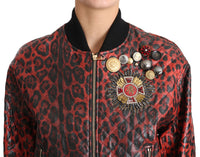 Thumbnail for Red Leopard Bomber Leather Jacket with Crystal Buttons