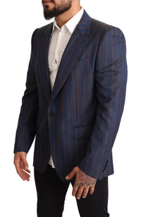 Thumbnail for Elegant Slim Fit Blue Striped Wool Blazer