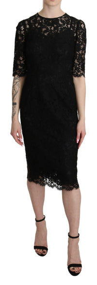Thumbnail for Black Floral Lace Sheath Knee Length Dress