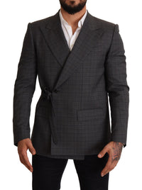 Thumbnail for Chic Gray Check Martini Slim Fit Double-Breasted Blazer