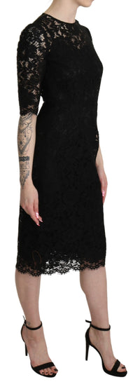 Thumbnail for Black Floral Lace Sheath Knee Length Dress