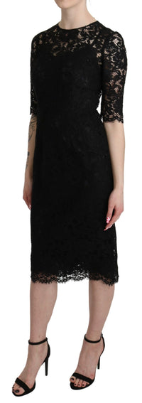 Thumbnail for Black Floral Lace Sheath Knee Length Dress