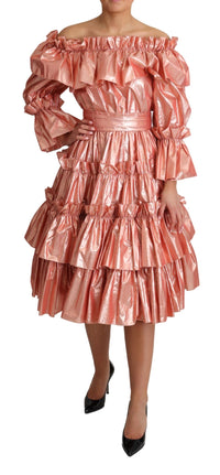 Thumbnail for Pink Metallic Ruffled Gown Elegance