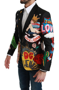 Thumbnail for Chic Black Multicolor Motif Slim Fit Blazer