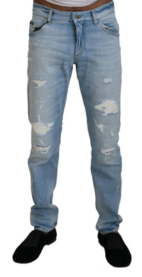 Thumbnail for Light Blue Cotton Tattered Casual Denim Jeans