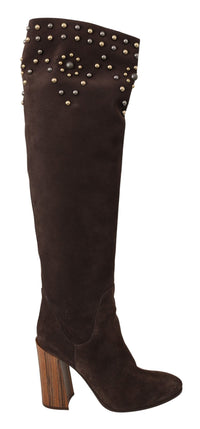 Thumbnail for Studded Suede Knee High Boots in Brown