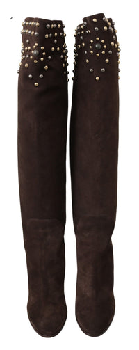 Thumbnail for Studded Suede Knee High Boots in Brown