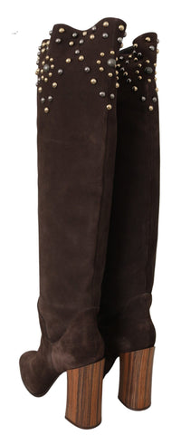 Thumbnail for Studded Suede Knee High Boots in Brown