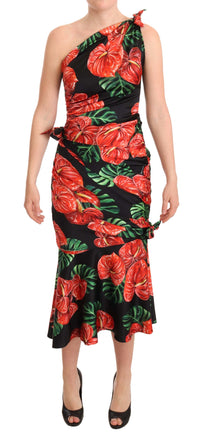 Thumbnail for Black Shiny Silk Floral Print Draped Dress