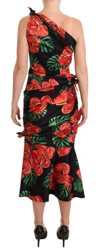 Thumbnail for Black Shiny Silk Floral Print Draped Dress