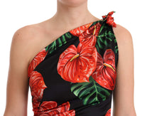 Thumbnail for Black Shiny Silk Floral Print Draped Dress