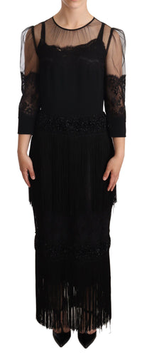 Thumbnail for Black Sheer Floral Lace Crystal Maxi Dress