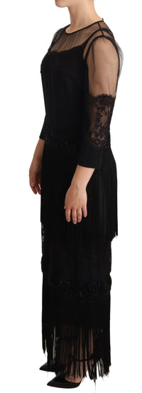 Thumbnail for Black Sheer Floral Lace Crystal Maxi Dress