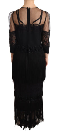 Thumbnail for Black Sheer Floral Lace Crystal Maxi Dress
