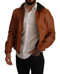 Thumbnail for Elegant Brown Leather Bomber Jacket