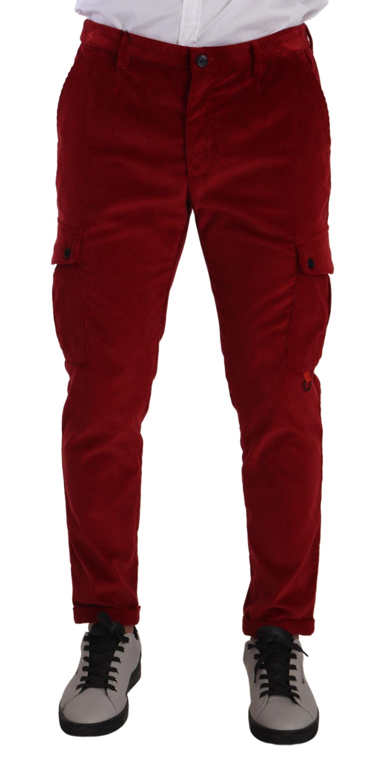 Red Corduroy Cotton Cargo Skinny Trouser Pants