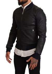 Thumbnail for Blue Leather Full Zip Bomber Men Jacket