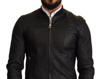 Thumbnail for Blue Leather Full Zip Bomber Men Jacket