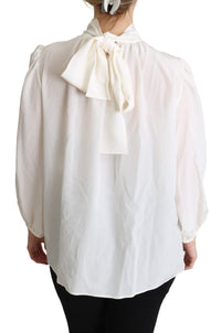 Thumbnail for Elegant White Silk Pussy Bow Blouse
