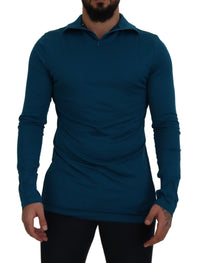 Thumbnail for Blue Cotton Collared Slim Pullover Sweater