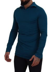 Thumbnail for Blue Cotton Collared Slim Pullover Sweater