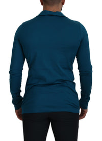 Thumbnail for Blue Cotton Collared Slim Pullover Sweater