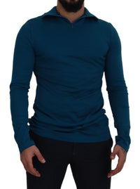 Thumbnail for Blue Cotton Collared Slim Pullover Sweater