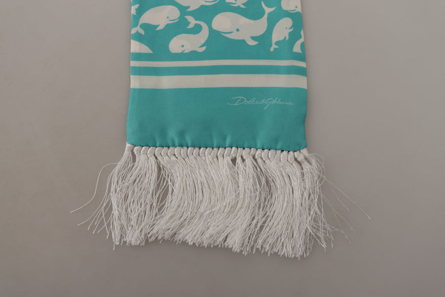 Blue Whale Printed Shawl Wrap Fringe Silk Teal Scarf
