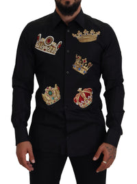 Thumbnail for Elegant Black Slim Fit Dress Shirt with Crown Embroidery