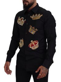 Thumbnail for Elegant Black Slim Fit Dress Shirt with Crown Embroidery