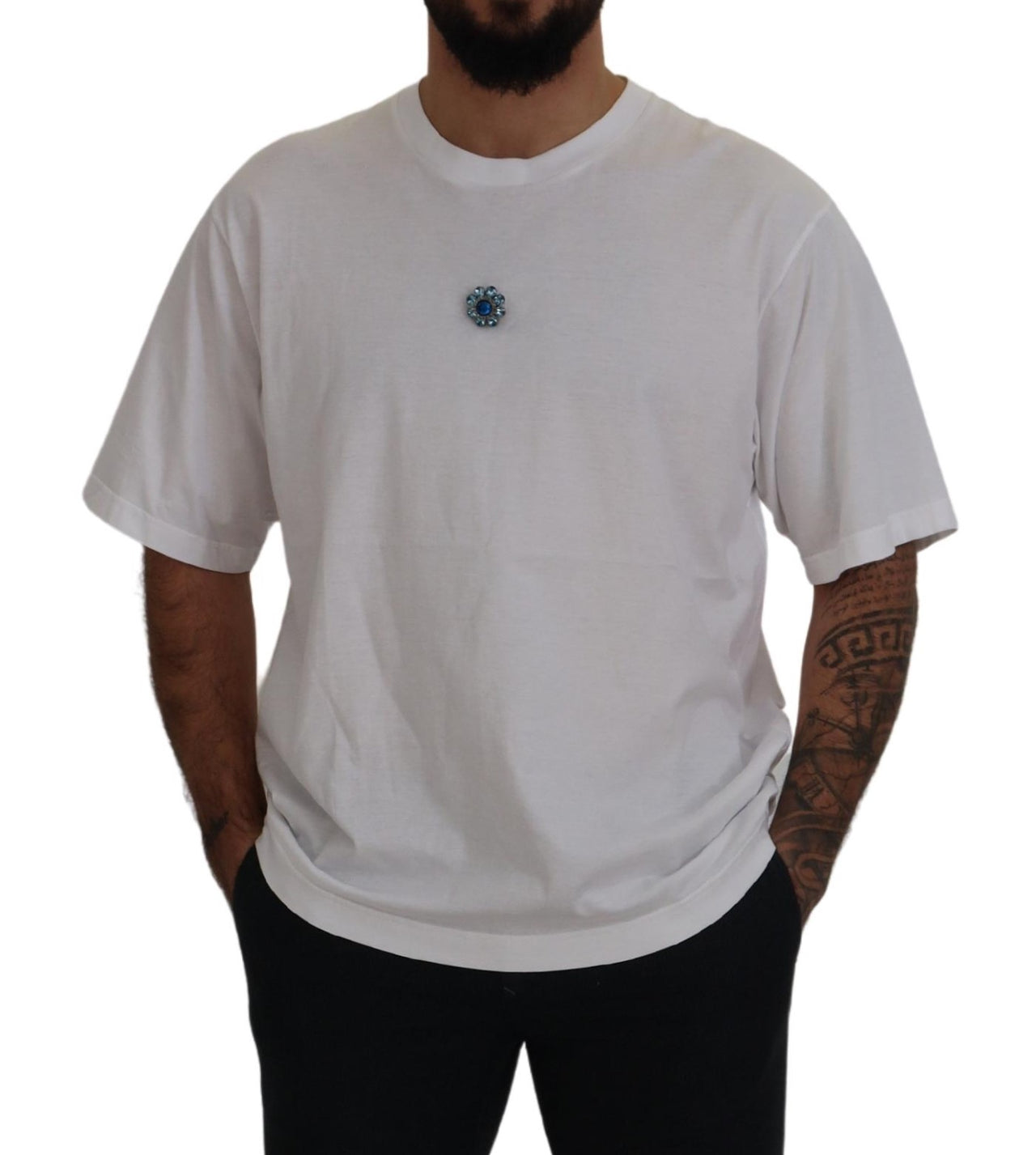 White Cotton Blue Crystal Men T-shirt