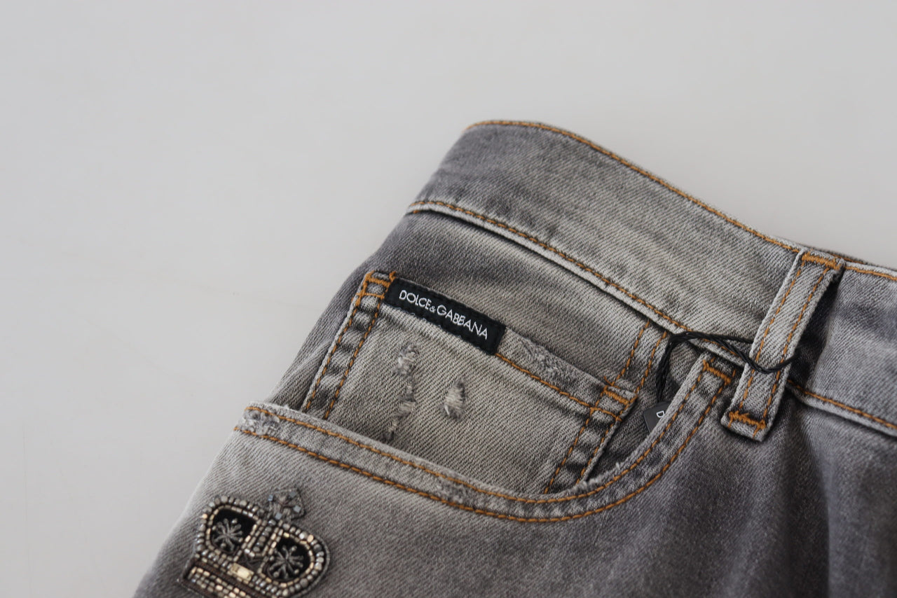 Elegant Gray Washed Cotton Stretch Jeans