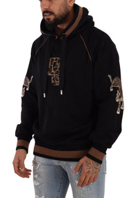 Thumbnail for Black Brown Leopard Cotton Hooded Pullover Sweater