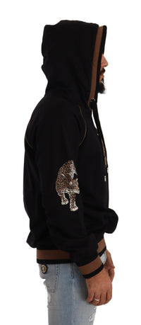 Thumbnail for Black Brown Leopard Cotton Hooded Pullover Sweater
