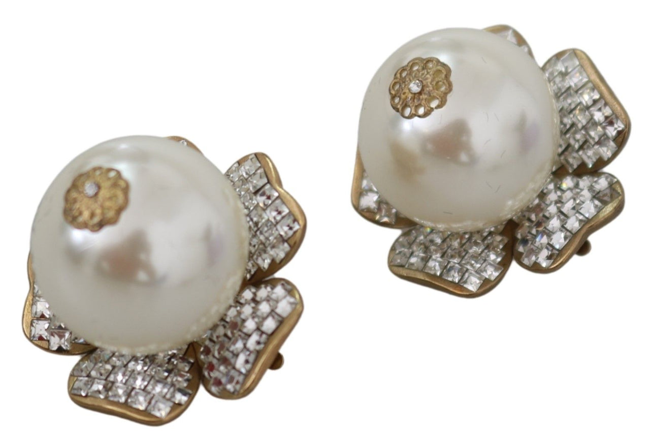 Floral Crystal-Pearl Clip-On Earrings